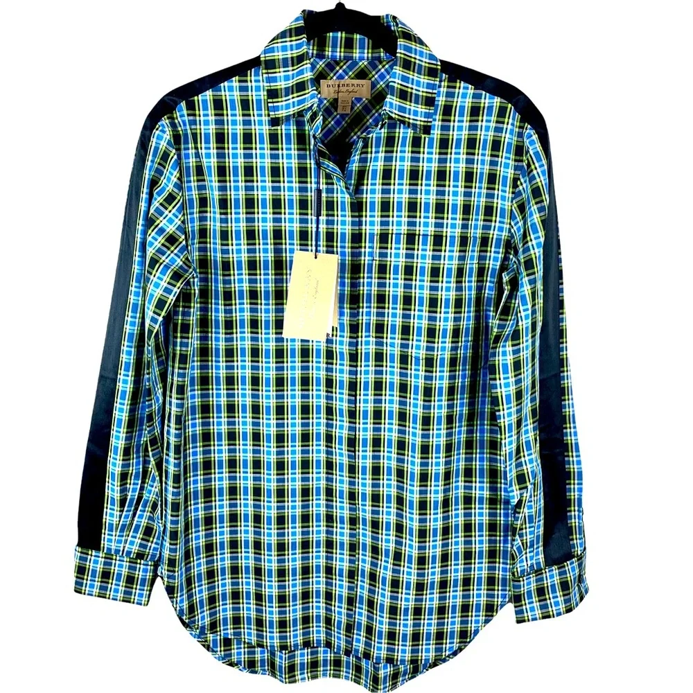 Burberry Saoirse Plaid Long Sleeve Silk Trim Button Shirt Azure Blue - Picture 3 of 16